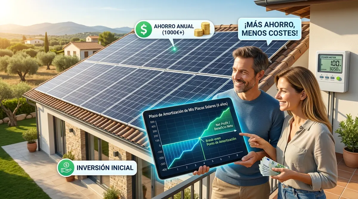 Vivienda con placas solares y gráfico de ahorro anual en la factura de la luz