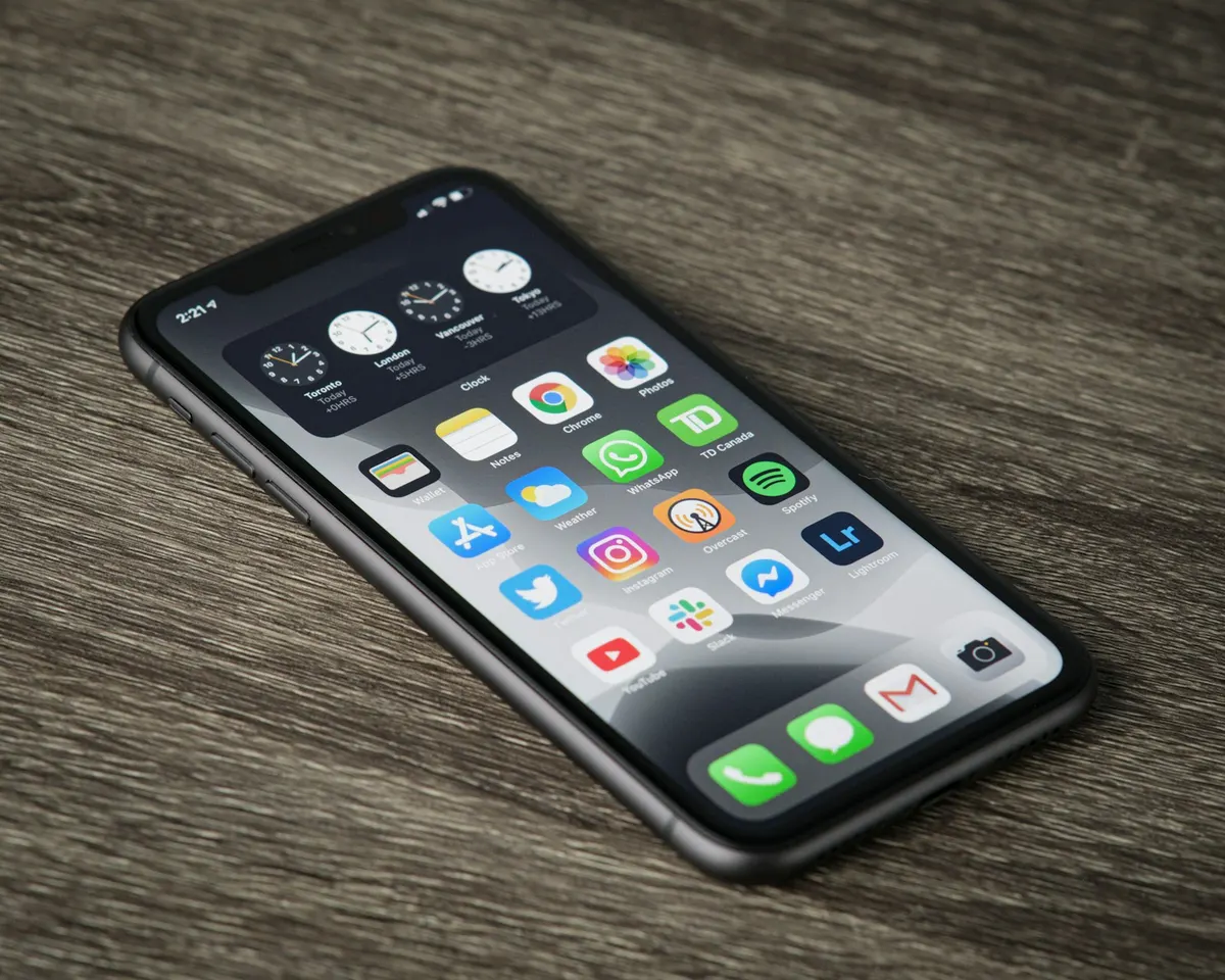 Telefono inteligente con pantalla de inicio llena de iconos