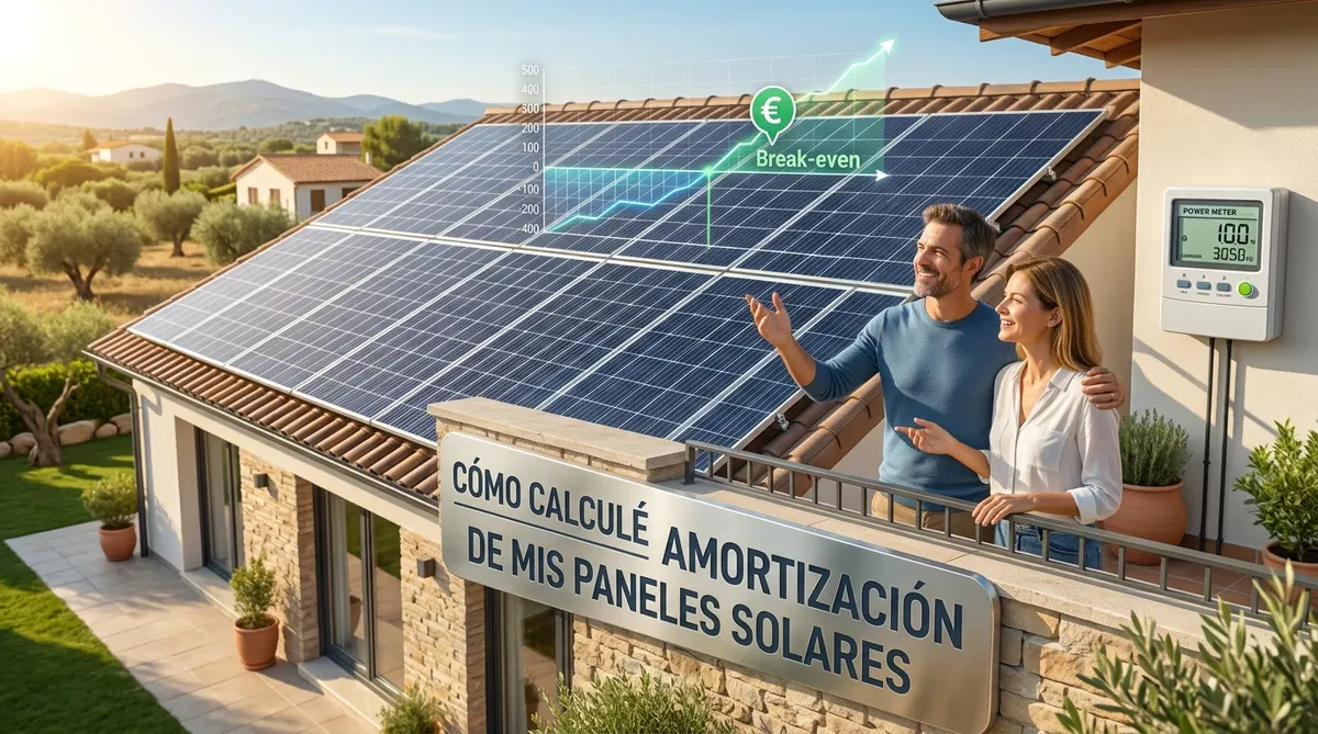 Pareja analizando si merece la pena instalar placas solares, con gráfico de amortización